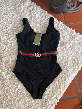 Black One-Piece Swimsuit with Green-Red Stripe Belt women's swimsuit gorgeous on